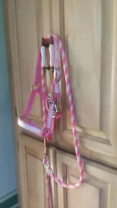 Neu Nylon Neckholder Fohlen Pferd Mini Pony rosa mit weißem Overlay & passender Blei - Bild 1 von 3