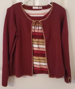 Villager by Liz Claiborne Red Cardigan Sweater & Striped Shell Twin Set Size PL - Picture 1 of 8