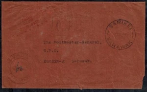 RARE Sarawak 1922 OPS Cover w/ SARIKEI OFFICIAL POST PAID in RED & OPS H/S - Picture 1 of 4