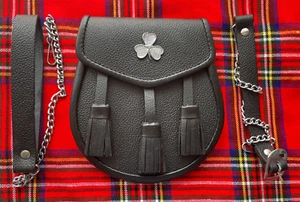 Men Full Dress Leather Kilt Sporran Black Bovine with Scottish Thistle Cantle - Picture 1 of 4
