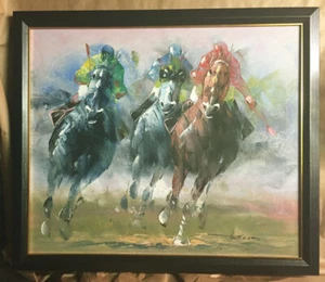 Framed Anthony Veccio Horse Racing Oil Canvas Painting - Picture 1 of 4