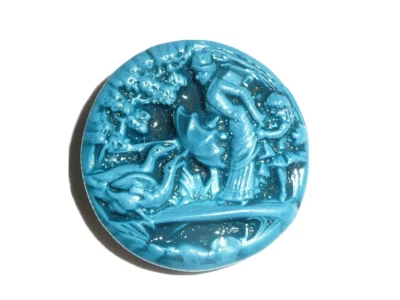 Woman Shooing Geese w/ Umbrella Art Stone Prussian Blue Clrd Shank Button 1-1/2" - Image 1 of 4