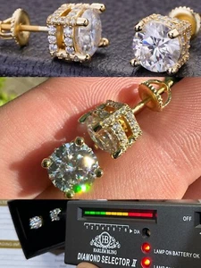Moissanite 3D Iced Prong Solitaire Stud Earrings 14k Gold Plated 925 Silver 8mm - Picture 1 of 24