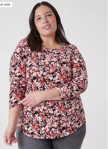 Neu mit Etikett Lane Bryant rot rosa Blumenmuster 3/4-Ärmel geschwungener Saum Rundhalsausschnitt T-Shirt 22/24 bequem - Bild 1 von 11