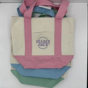 Trader Joe's Mini Canvas Tote Bags SET of 3 Pink, Green & Blue LOT - Picture 1 of 7