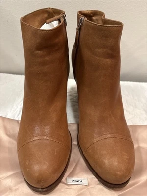 Botines de cuero para mujer Prada - marrón tacón bloque, talla 40,5 (US 10,5) Foto 1 de 4