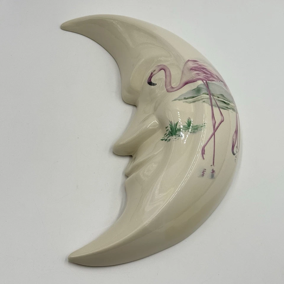 Luna creciente blanca con cara decoración de pared pintada a mano flamencos rosas Foto 1 de 4