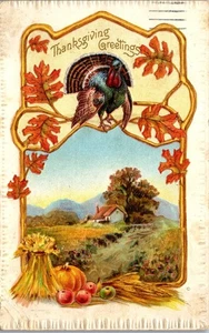 Vintage Thanksgiving Postcard Pretty Harvest Farm View & Turkey Embossed 1919 - Picture 1 of 3
