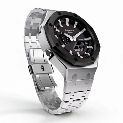 Casioak Mod Metal Watch Casio G-Shock GA-2100 Silver-Black Bezel GA2100-1A - Image 1 of 4