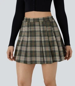 Halara Damen dunkelgrün hoch tailliert kariert Plissee Mini Freizeit Rock Gr. XL - Bild 1 von 5