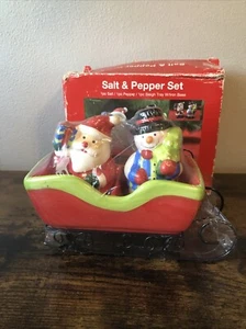 Atico Salt & Pepper Shaker Set Santa Snowman Sleigh Tray Iron Base Sleigh Holder - Picture 1 of 9