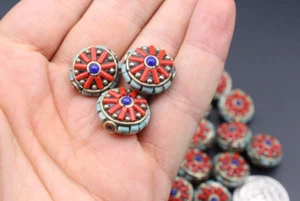 5Pcs Nepalese Tibetan Beads Flat Coral Beads, 15mm x 15mm Rondelle Beads, - Picture 1 of 6