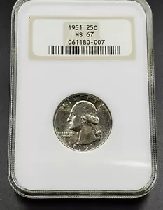 1951 P 25C Washington Quarter Coin NGC MS67 GEM BU OFH Old Fat Holder Neat toner - Picture 1 of 5