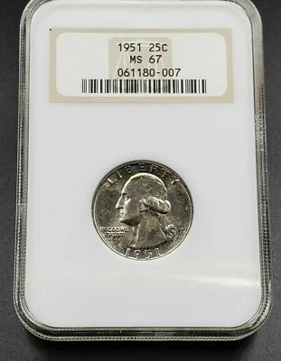 1951 P 25C Washington Quarter Coin NGC MS67 GEM BU OFH Old Fat Holder Neat toner - Image 1 of 4