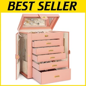 Elegant Pink Jewelry Organizer with Lockable Design & Large Mirror - 6 Drawers - Picture 1 of 10