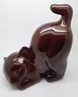 Mid Century Modern Dark Brown Ceramic Pouncing Cat Figurine Handmade by Hobbyist