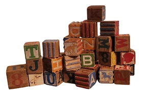 Antique Vintage Wooden Children's Building Blocks Alphabet & Pictures Lot of 36 - Picture 1 of 8