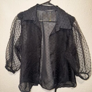 Marc New York By Andrew Marc Black Sheer Polka Dot Blouse W/ Puffy Sleeves Lined - Picture 1 of 5
