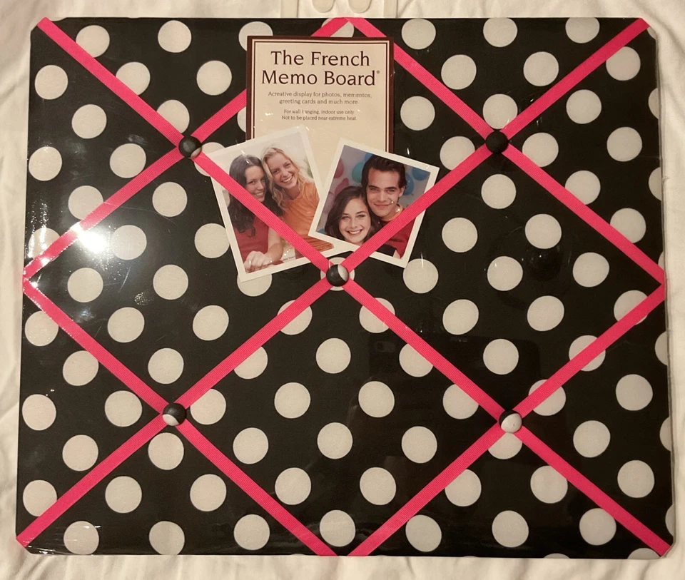 The French Memo Board Fabric Photo Display (19”x16”) Polka Dot With Pink Ribbon - Image 1 of 2