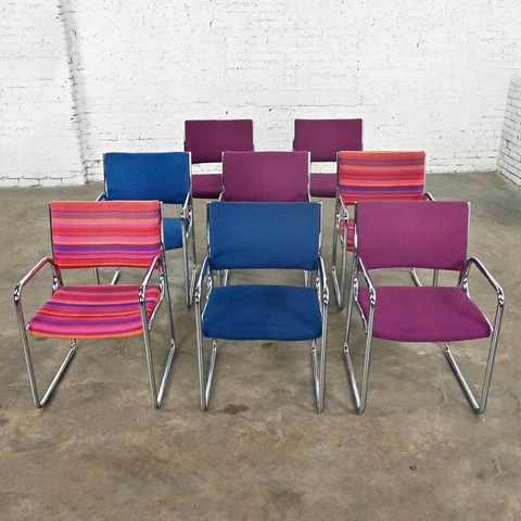 Modern Vecta Chrome Armchairs 4 Purple 2 Blue 2 Multicolored Stripe Set of 8 Cover