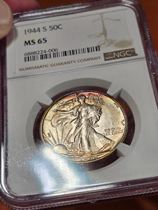 1944 S Walking Liberty Half Dollar NGC MS65 Rainbow Toned Crazy Nice Colors - Picture 1 of 11