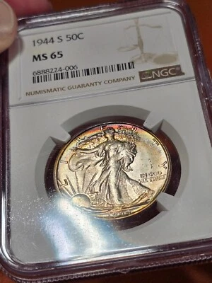 1944 S Walking Liberty Half Dollar NGC MS65 Rainbow Toned Crazy Nice Colors - Image 1 of 4