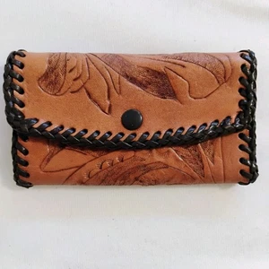 Vintage Floral Tooled Leather Coin Purse Change Wallet Small 4x2 Inches - Picture 1 of 5