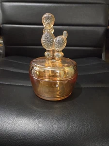Vintage Marigold Carnival Glass Poodle Covered Powder / Trinket Jar Excellent - Picture 1 of 8