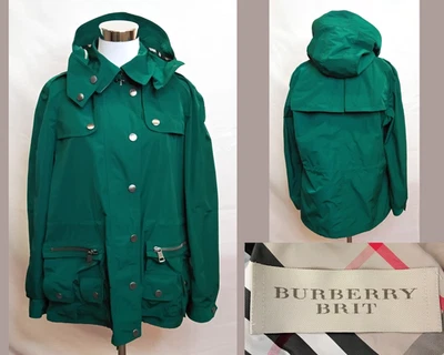 Chaqueta de lluvia Burberry Brit para mujer talla 14 verde con capucha utilitaria cremallera completa #W4440 Foto 1 de 4