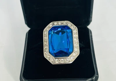 Statement Dress Ring Size N Sapphire Glass Center 3cms Tall Silvertoned - Image 1 of 4