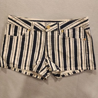 Pantalones cortos de mezclilla para mujer Tory Burch 27 azul marino blanco a rayas tiro bajo entrepierna elástica 3 pulgadas Foto 1 de 4