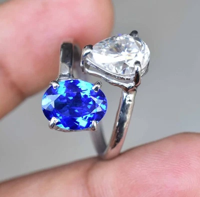 Anel de prata esterlina 925 com pedra preciosa dupla de moissanita e tanzanita GRA certificado - Imagem 1 de 4