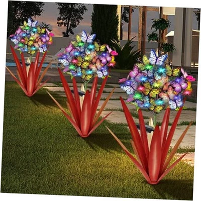  Solar Metal Agave Butterfly Flower Stick Garden Sculpture Outdoor Gift Solar  - Image 1 of 4