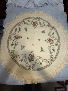 VINTAGE HAND EMBROIDERED ROUND Approx 53” Round TABLECLOTH-EMBROIDERY Fringed - Picture 1 of 15