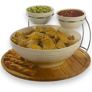 CreativeWare Wine & Dine Ceramic Serving Set w/Bamboo Tray (Cocktail Party) - Picture 1 of 9