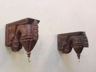 Set 2 Wooden Antique wall Corbal Small Bracket Pair Hanging Shelf Support Shelf - Image 1 of 4