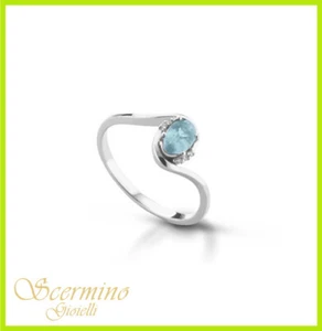ANELLO IN ORO BIANCO 18K CON VERA ACQUAMARINA E DIAMANTI NATURALI CERTIFICATO - Picture 1 of 4