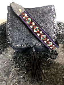 Steve Madden Hippie Vegan Crossbody Saddle Bag BLACK  Embroidered Guitar Strap - Picture 1 of 6
