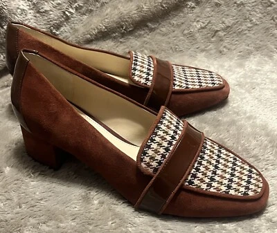 NOVO Sapato Mocassim Feminino Alex Marie Marrom Houndstooth Camurça Salto Bloco 10M - Imagem 1 de 4