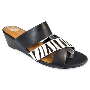 Aerosoles Women's Black Leather Zebra Westfield Wedge Sandals - 11 - Black - Picture 1 of 10