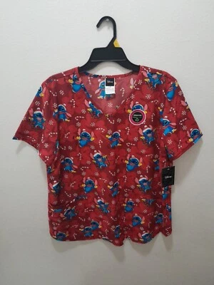 Womens Size Large Disneys Lilo And Stitch Christmas Medical Scrub Top Shirt NWT - Image 1 of 3
