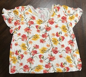 Green Envelope Women’s Top Blouse Short Sleeves Size 2X White Floral EUC - Picture 1 of 4
