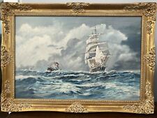 Large Vintage 1972 Gilt Framed Oil Painting on Card of Ships at Sea, Signed VGC