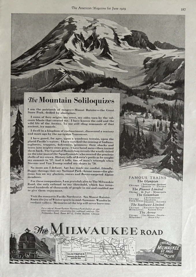 1929 Milwaukee Road Railroad Mt Ranier Famous Trains Arrow Pioneer VTG Print Ad - Image 1 of 1