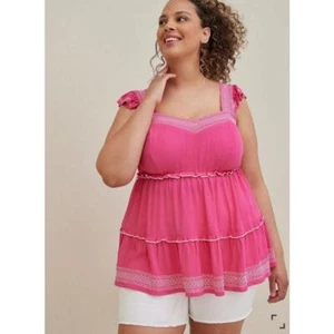 Babydoll Torrid 1X 14W/16W Swing TANK TOP Smocked Embroidery Pink Barbiecore NEW - Picture 1 of 10