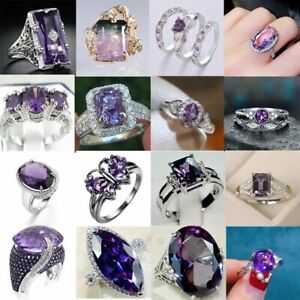 Fashion Women 925 Silver Ring Amethyst Gemstone Wedding Jewelry Rings Size 6-10