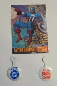 1995 Skybox Marvel VS DC Comics Promo Karte #2 plus DC und Marvel Abstimmung Pins  - Bild 1 von 2