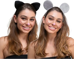 VELOUR ANIMAL EARS on Headband Deluxe Halloween Cat or Mouse Adult Fancy Dress - Picture 1 of 9