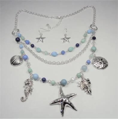 COLLAR Y PENDIENTES PLAYA MODA RODIO NÁUTICO VIDA MARINA AGUA Y CUENTAS AZULES Foto 1 de 4