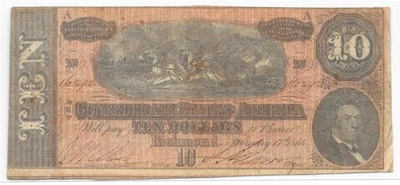 T-68 RED Tint 1864 $10 Confederate Currency Real Civil War Money Note Fine 16292 - Image 1 of 2